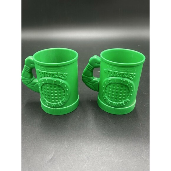 2 VTG 1991 Teenage Mutant Ninja Turtles TMNT Green Plastic Mug Cup Muscle Arm - Picture 2 of 5